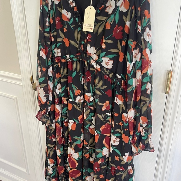 Jodifl Maxi Dress Women 3X Plus Black Fall Floral  Lined Elastic Waist Ruffles - Picture 2 of 8